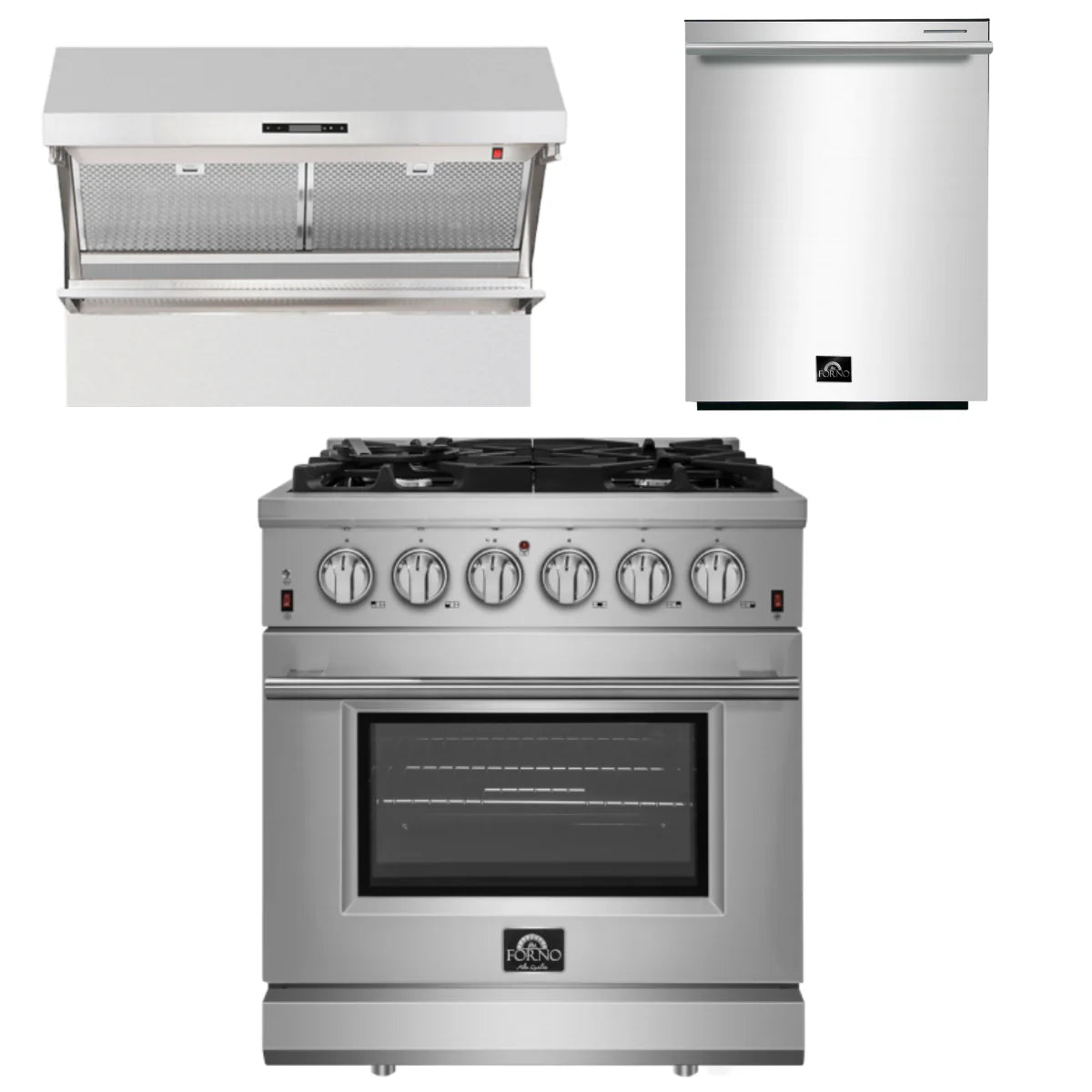 30 Inch Gas Range, Wall Mount Range Hood, Dishwasher J48267