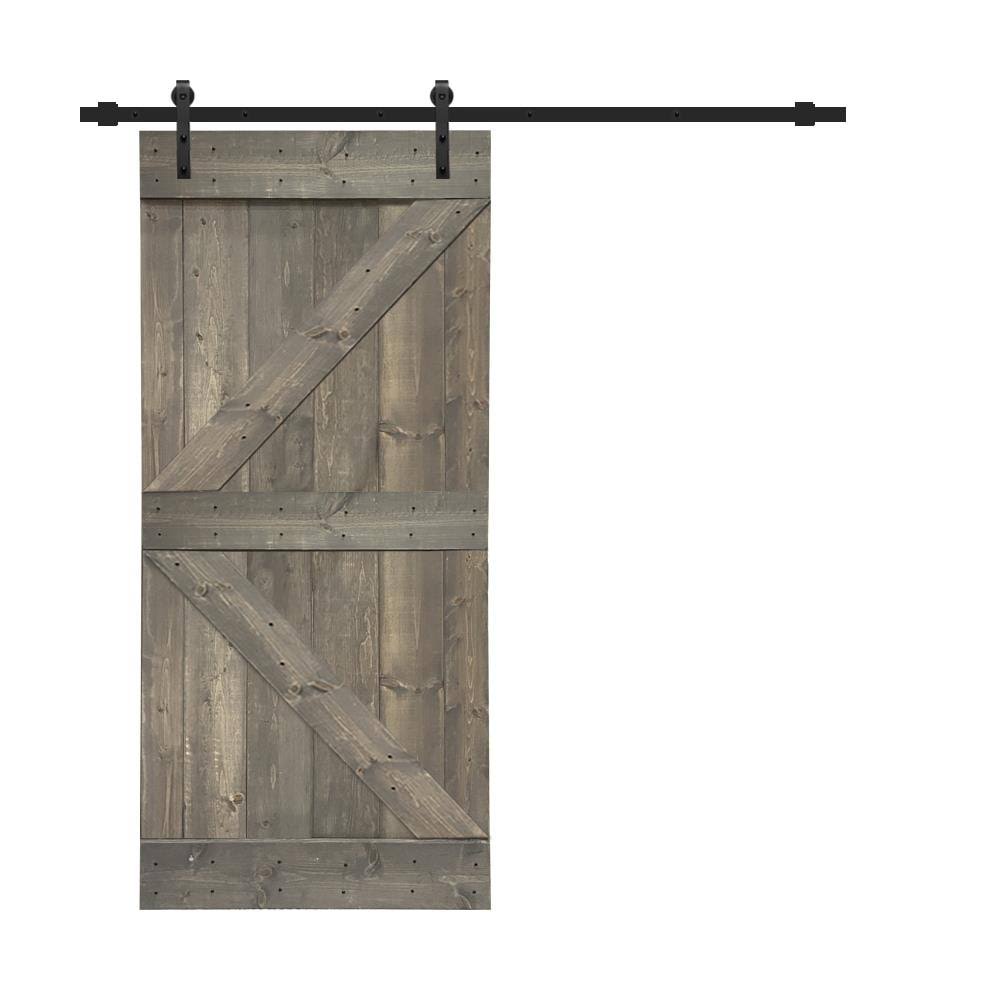 36 in. x 84 in. Gray Stained Knotty Pine Wood Sliding Barn Door with Hardware Kit J276169