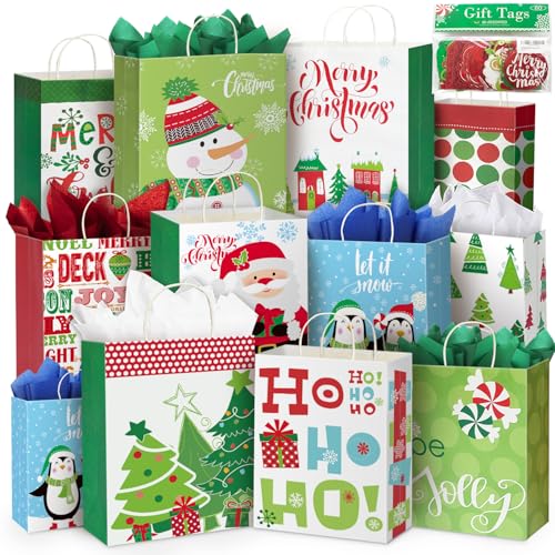 24 Christmas Gift Paper Bags Bulk with Handles and 60 Count Christmas Gift Tags L211513