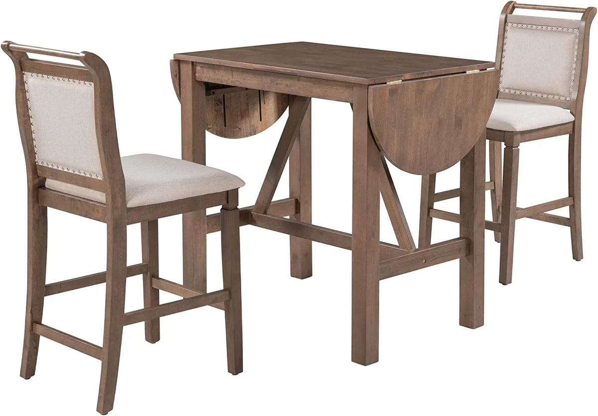 3-Piece Wood Counter Height Dining Table Set with 2 Upholstered Chairs and Drop Leaf P68683