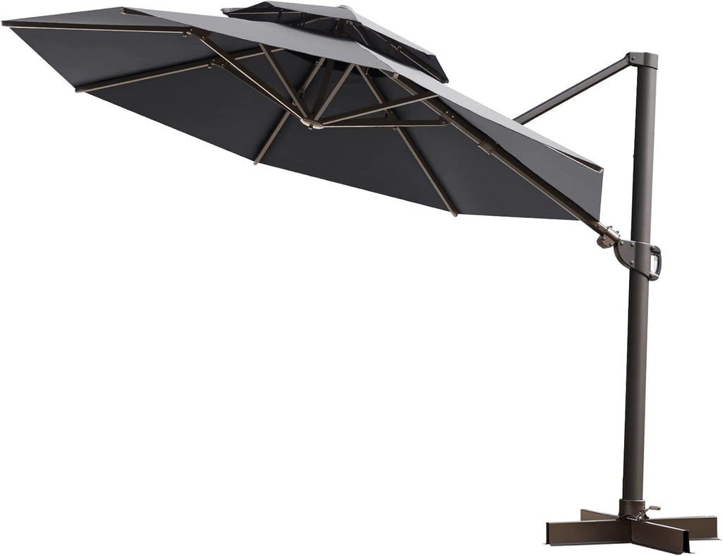 11.5FT Double Top Round Grey Offset Cantilever Outdoor Umbrella H965