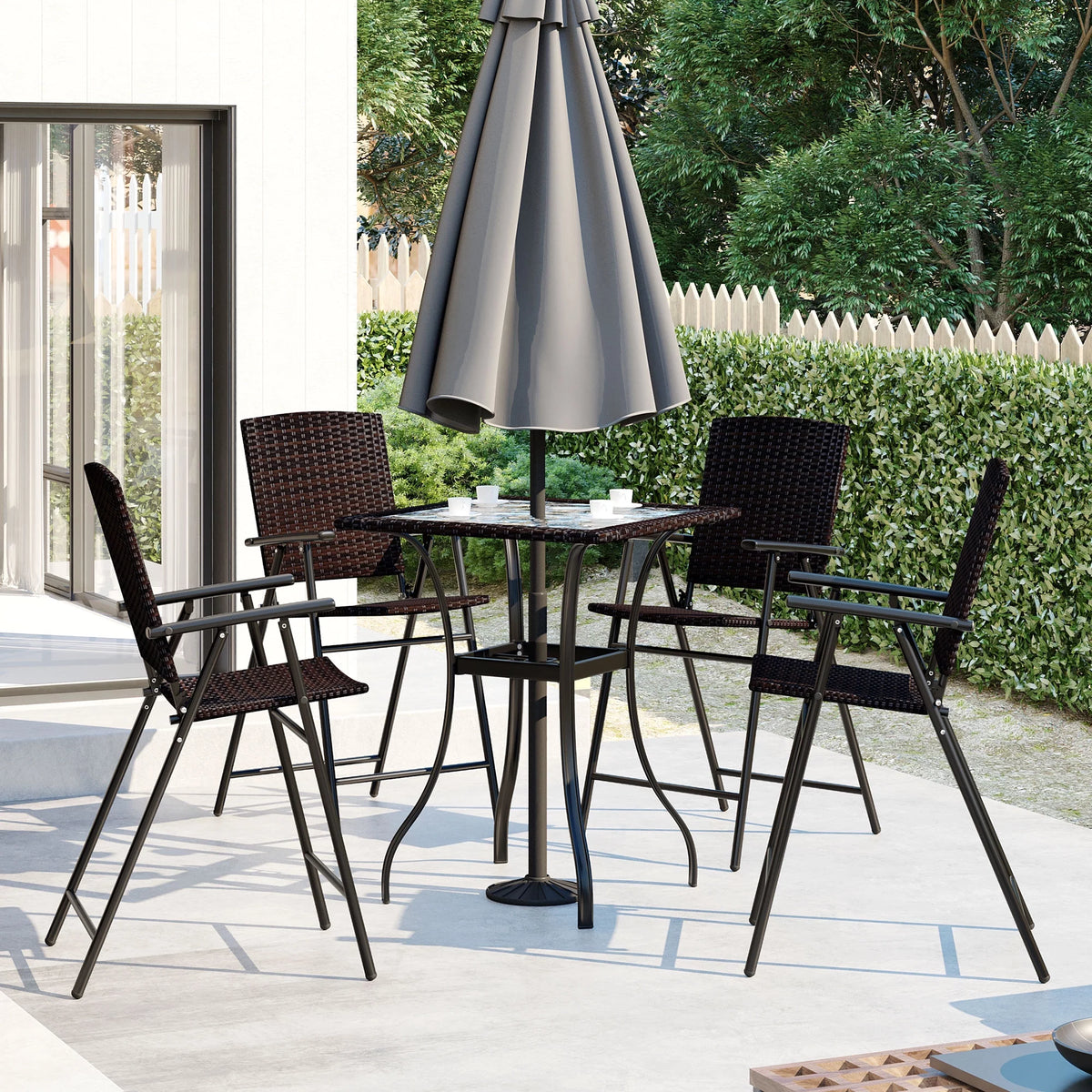 2 Pieces Outdoor Bistro Set with Umbrella Hole, 4 Foldable Chair, Brown K785917