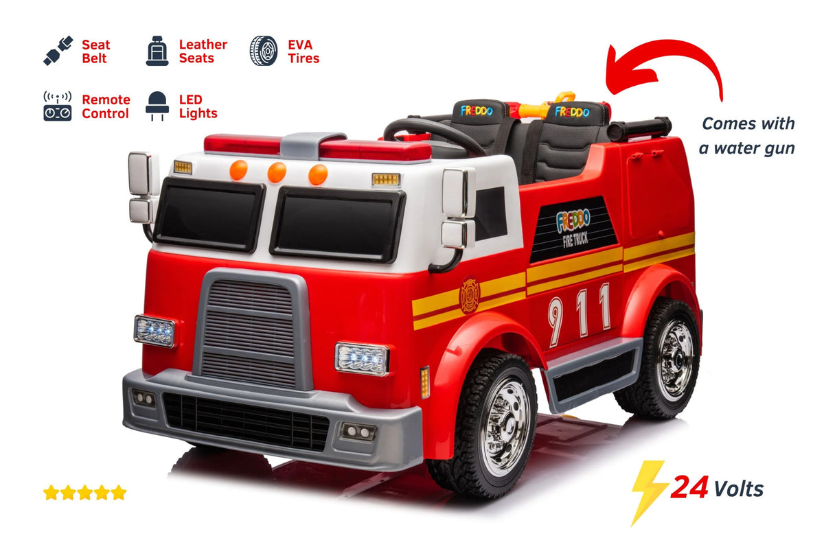 24V 2-Seater Ride-on Fire Truck with Remote Control, LED Lights, Water Gun I46939