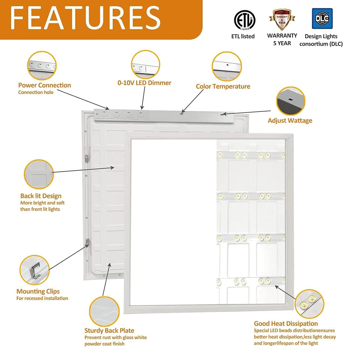 2x2FT LED Flat Panel Light, Selectable CCT, Dimmable, 40W 4000LM, 4Pack N976263