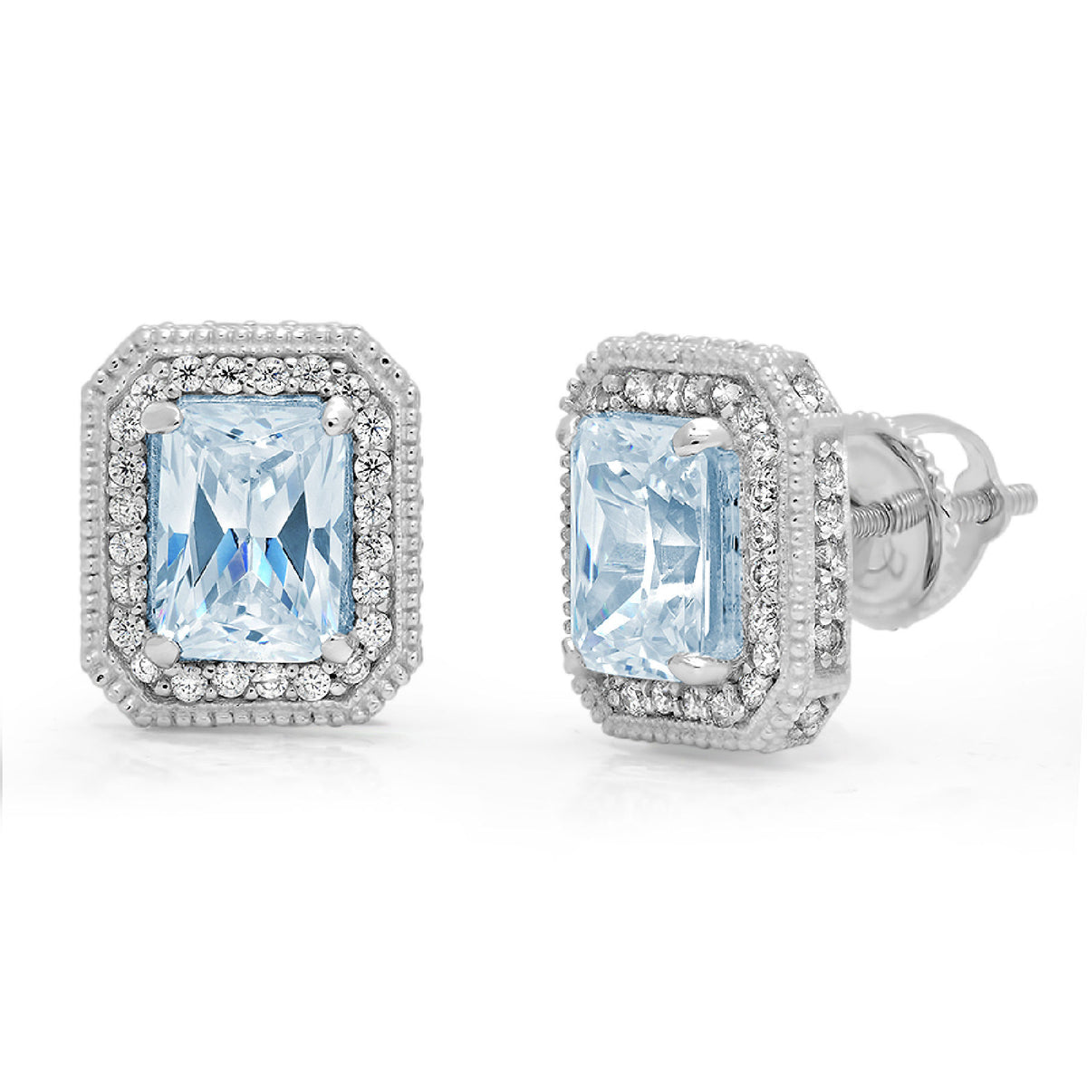 18K White Gold Emerald Cut Halo Stud Earrings U843127