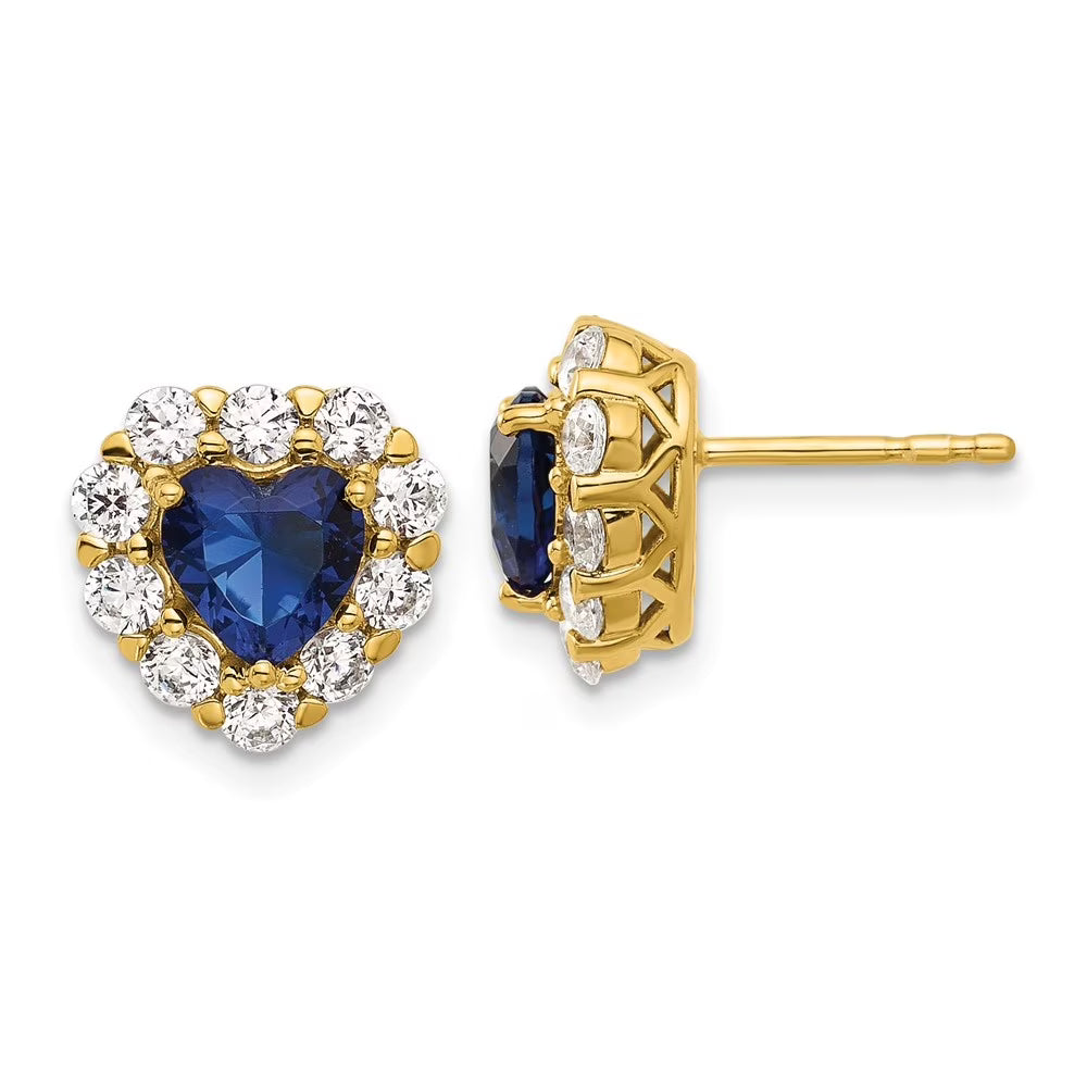 14k Yellow Gold Lab Grown Diamond Sapphire Halo Heart Stud Earrings G570