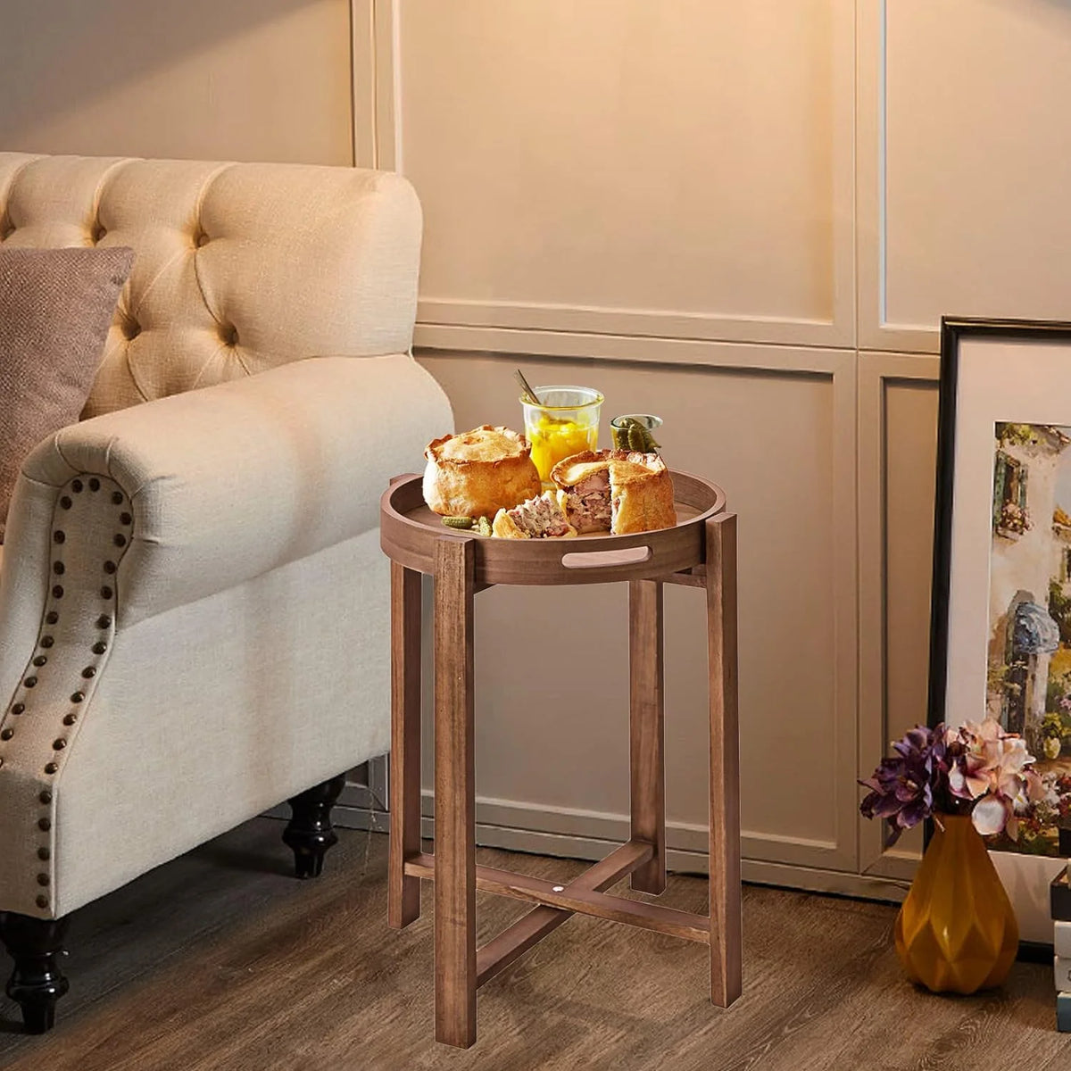 15” Round Wooden Side Tray Table X8921