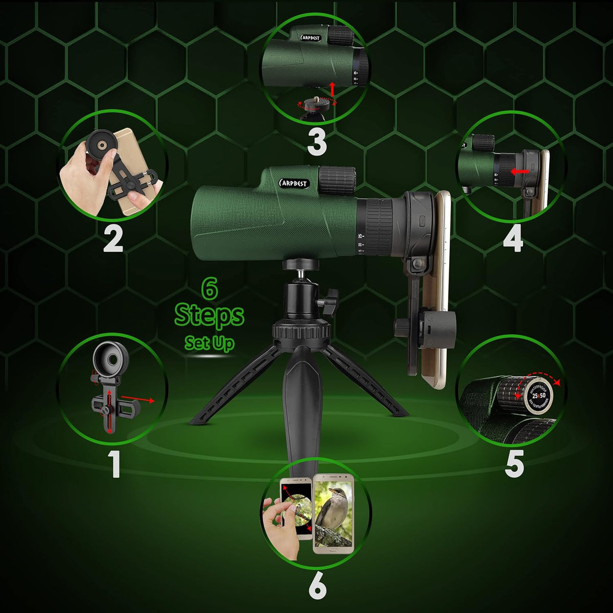 25X50 High Definition Monocular Telescope with Smartphone Holder & Tripod G99026
