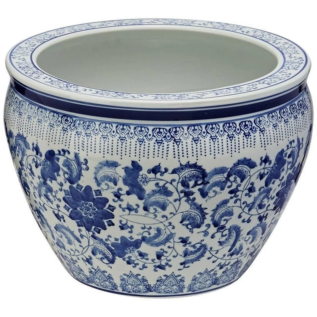 14" Floral Blue & White Porcelain Fishbowl B744209