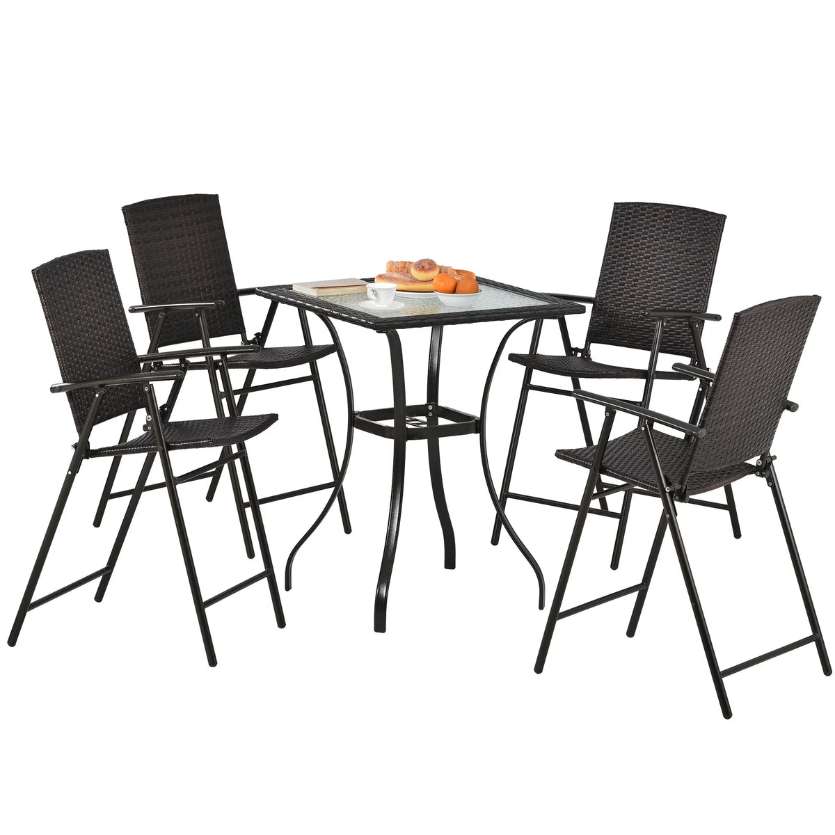 2 Pieces Outdoor Bistro Set with Umbrella Hole, 4 Foldable Chair, Brown K785917