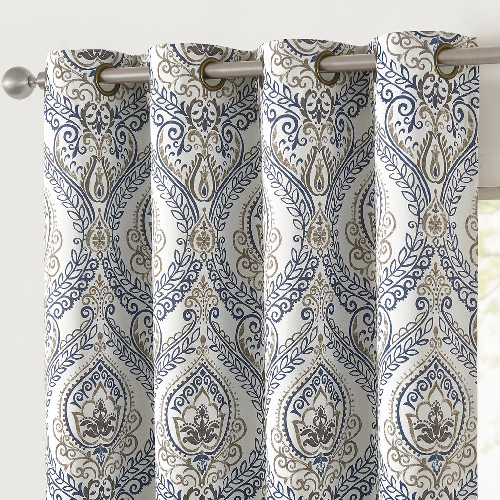 100% Blackout Blue Damask Medallion Curtains 96 in 2 Panels N741