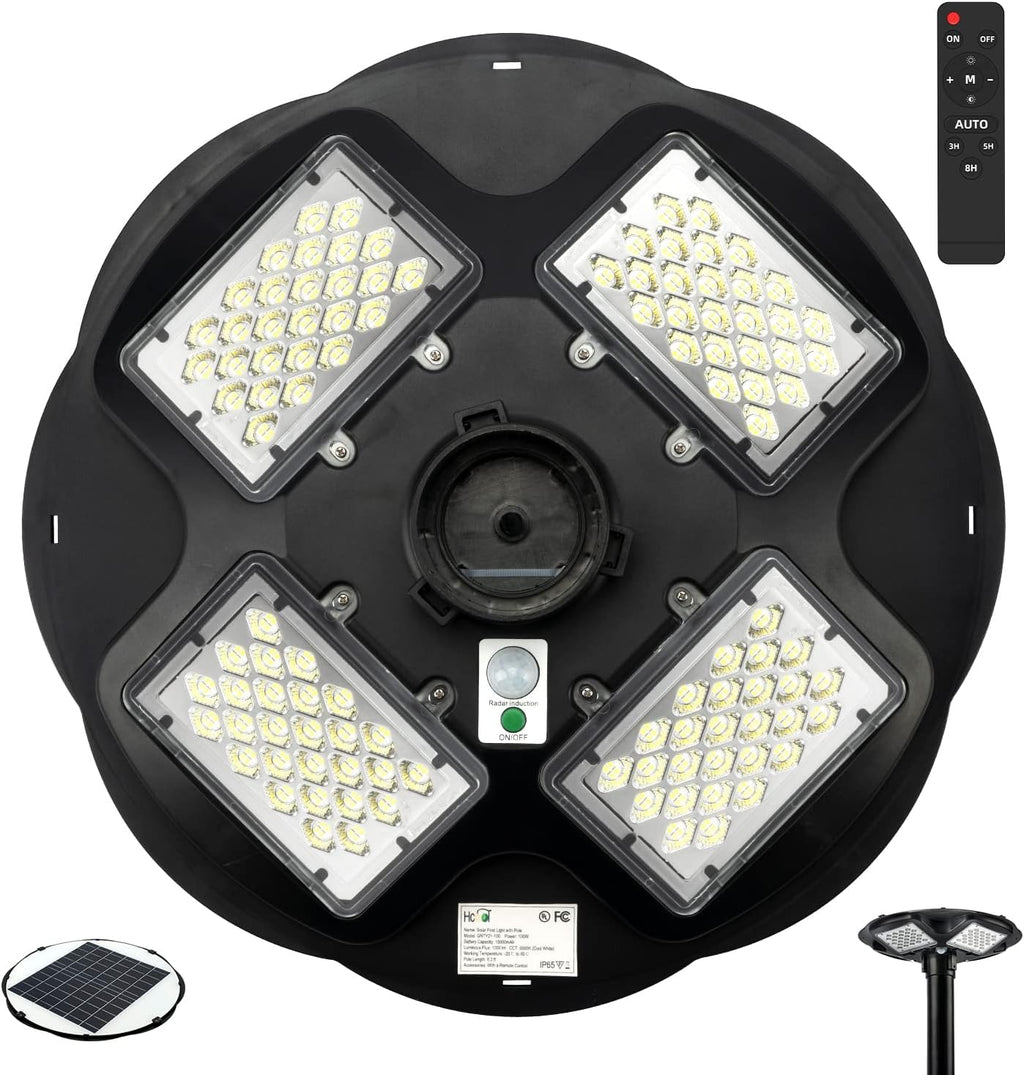 100W LED Solar Post Light IP65 Waterproof 6500K Dusk to Dawn with Remote E1719