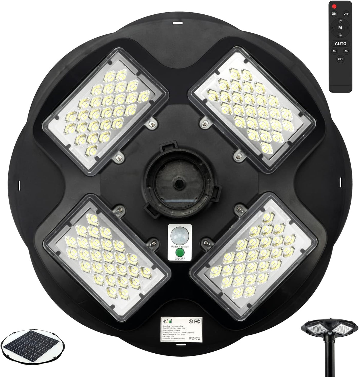 100W LED Solar Post Light IP65 Waterproof 6500K Dusk to Dawn with Remote E1719