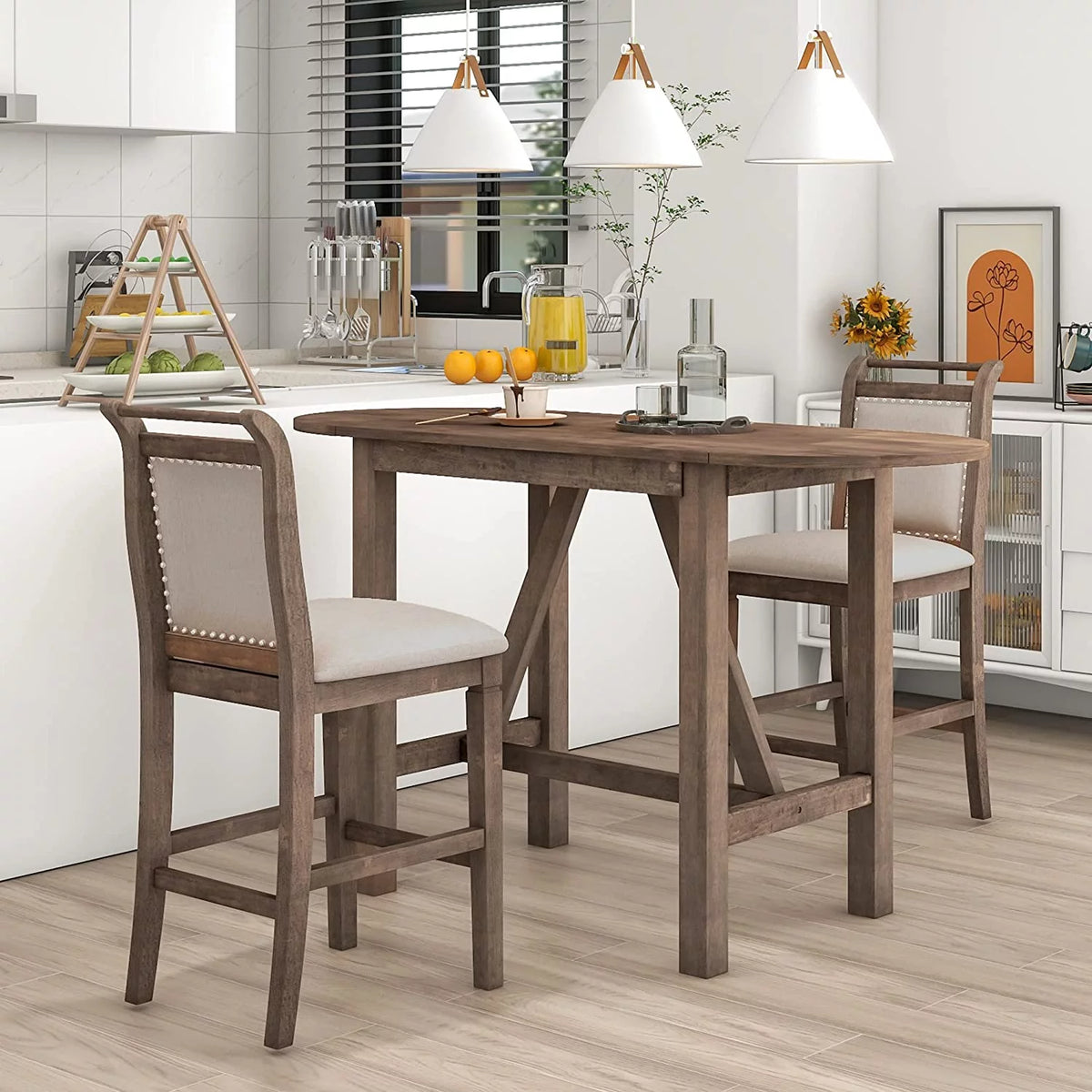 3-Piece Wood Counter Height Dining Table Set with 2 Upholstered Chairs and Drop Leaf P68683