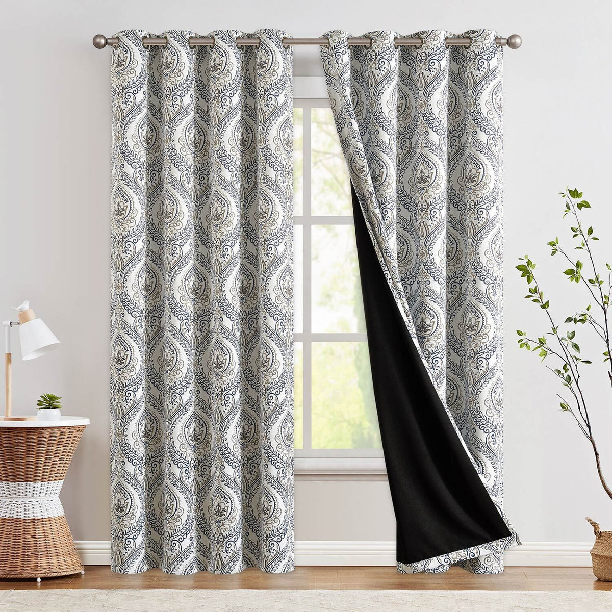 100% Blackout Blue Damask Medallion Curtains 96 in 2 Panels N741