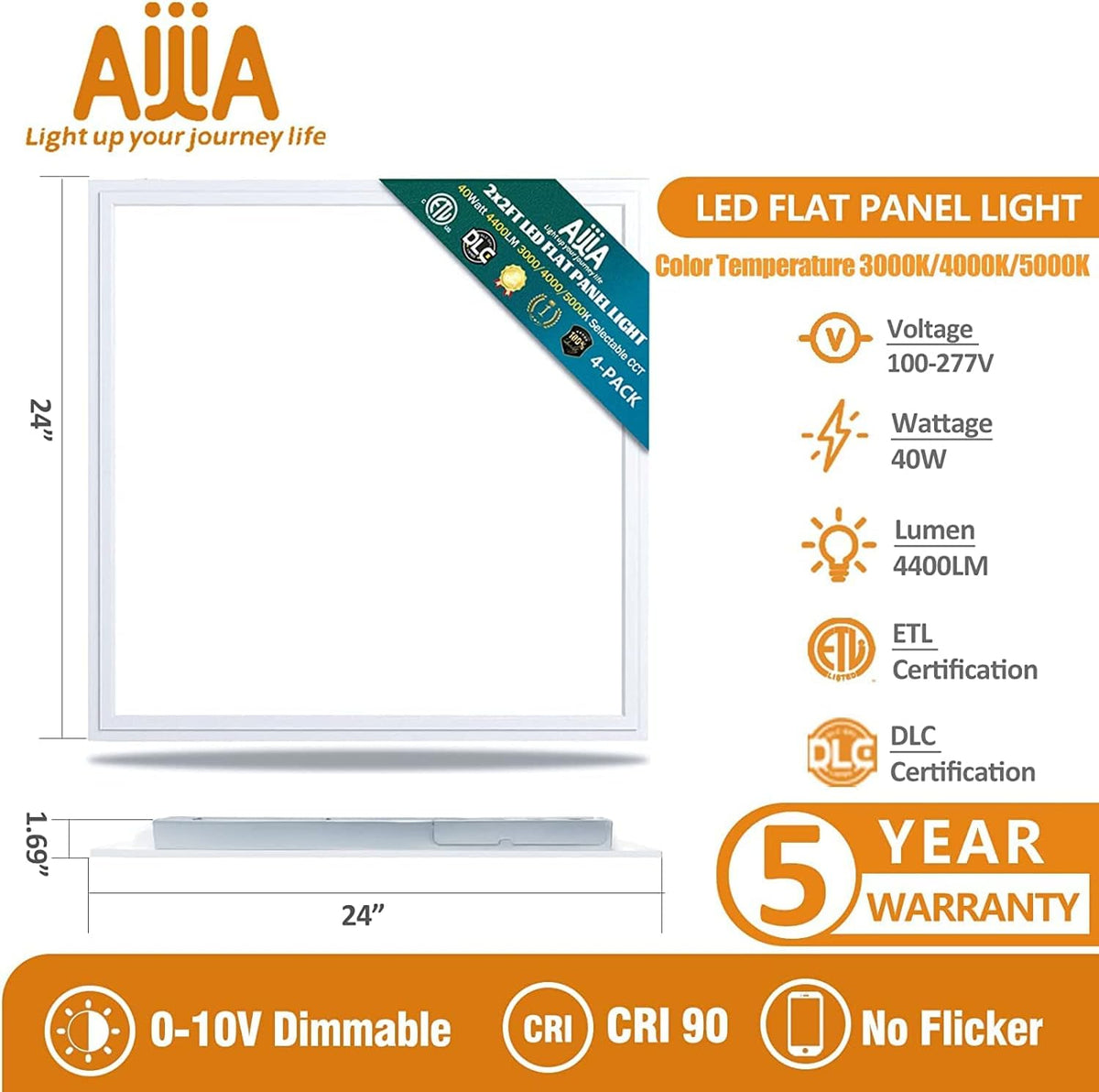 2x2FT LED Flat Panel Light, Selectable CCT, Dimmable, 40W 4000LM, 4Pack N976263