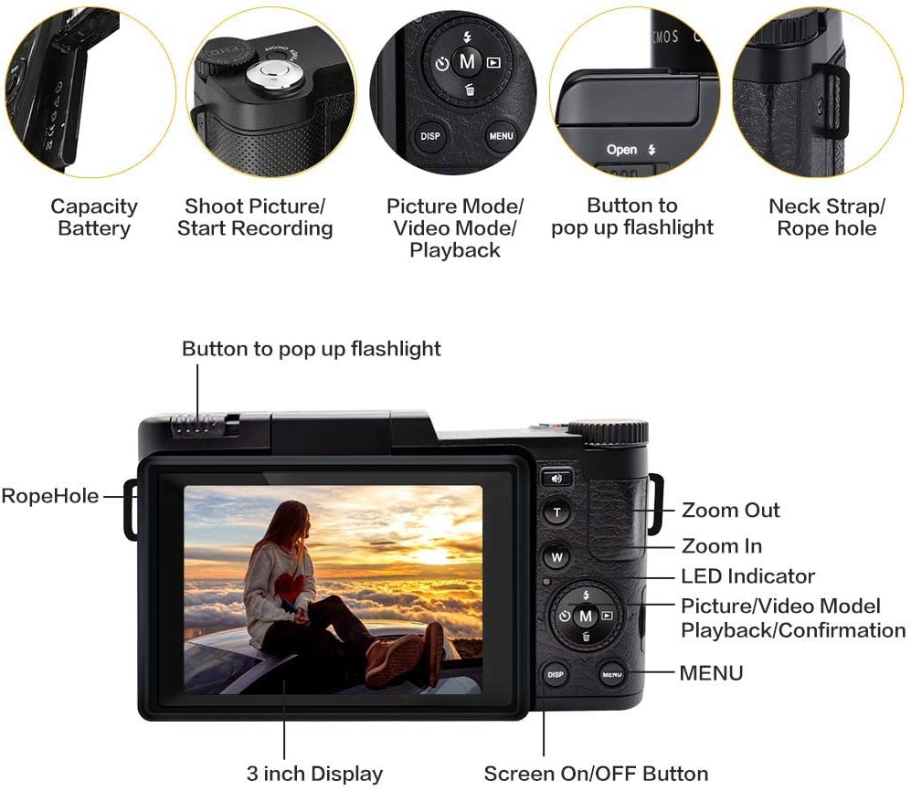 2.7K 30MP Full HD Digital Camera with Retractable Flash and 3 Inch Flip Screen L6311