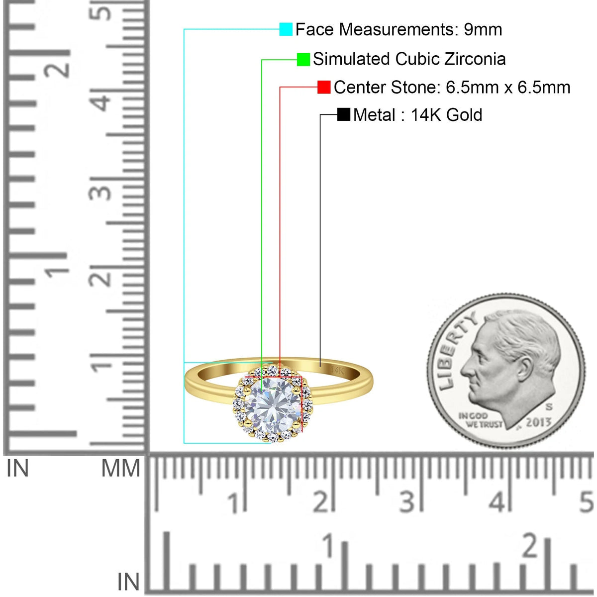 14K Yellow Gold Art Deco Halo Cubic Zirconia Engagement Ring A877