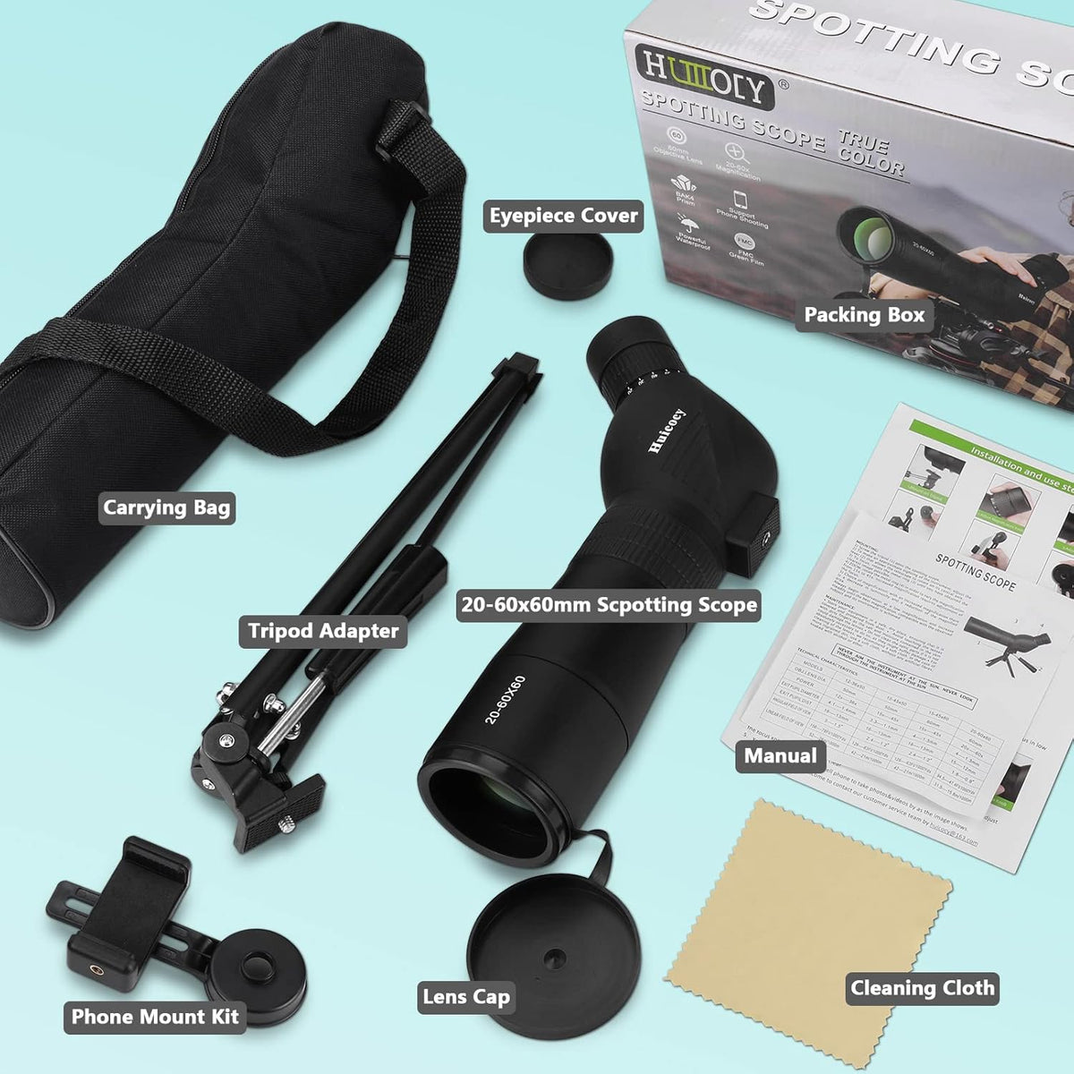 20-60x60mm Zoom Spotting Scope with Tripod, Phone Adapter, Carry Bag P238