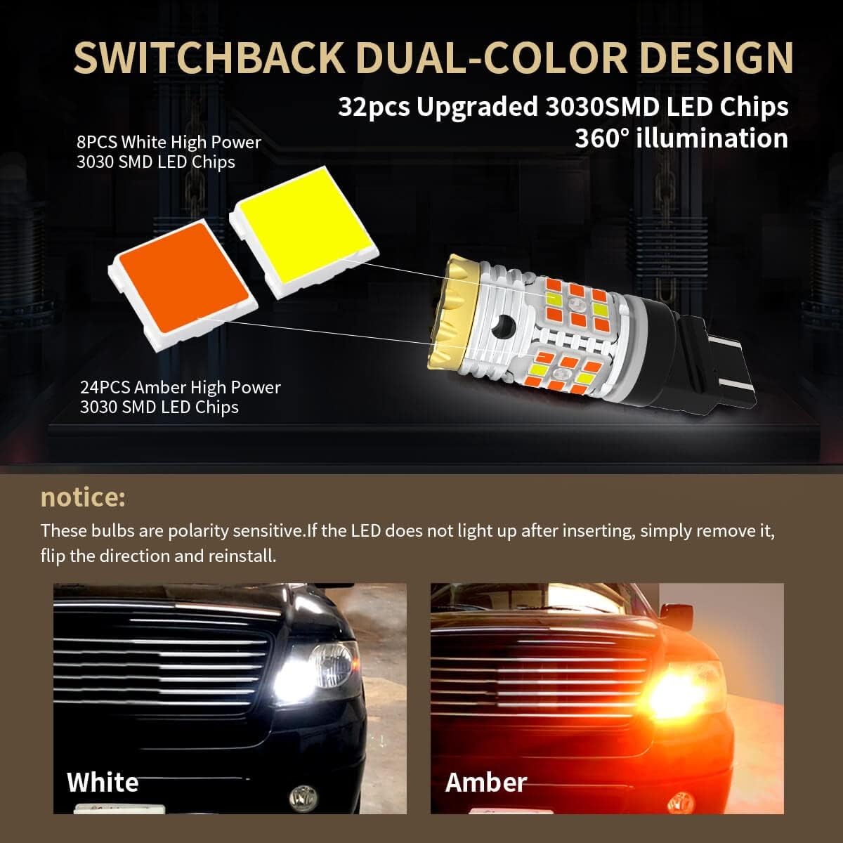 4257 LED Bulb Switchback Front Turn Signal Canbus Ready Built in Resistor Amber Blinker White Daytime Running Light DRL 2 Pack B3090