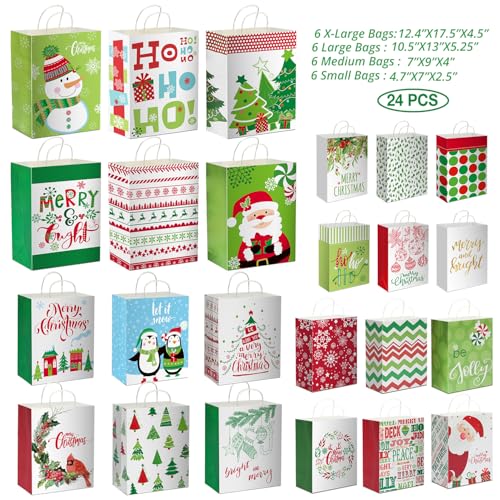 24 Christmas Gift Paper Bags Bulk with Handles and 60 Count Christmas Gift Tags L211513