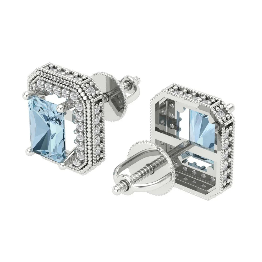 18K White Gold Emerald Cut Halo Stud Earrings U843127