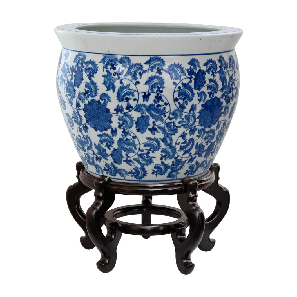 14" Floral Blue & White Porcelain Fishbowl B744209