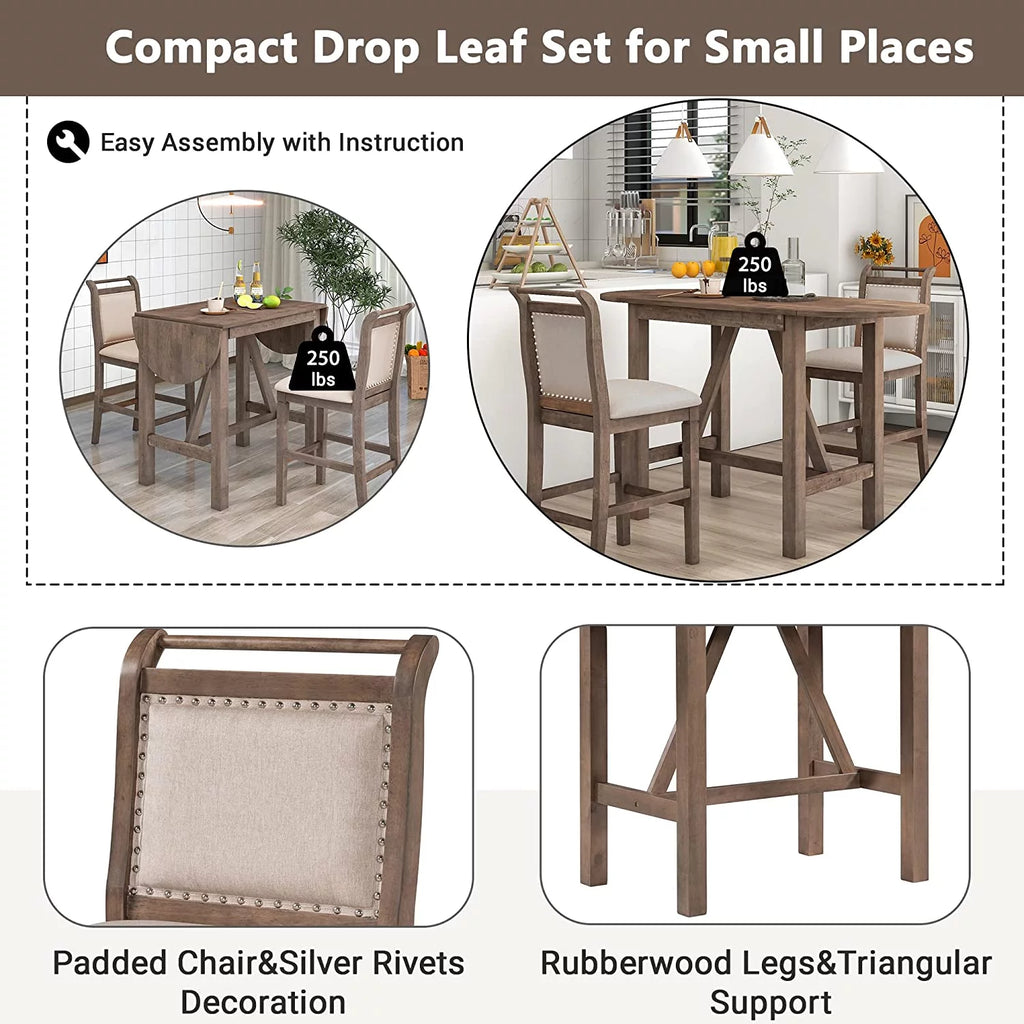 3-Piece Wood Counter Height Dining Table Set with 2 Upholstered Chairs and Drop Leaf P68683