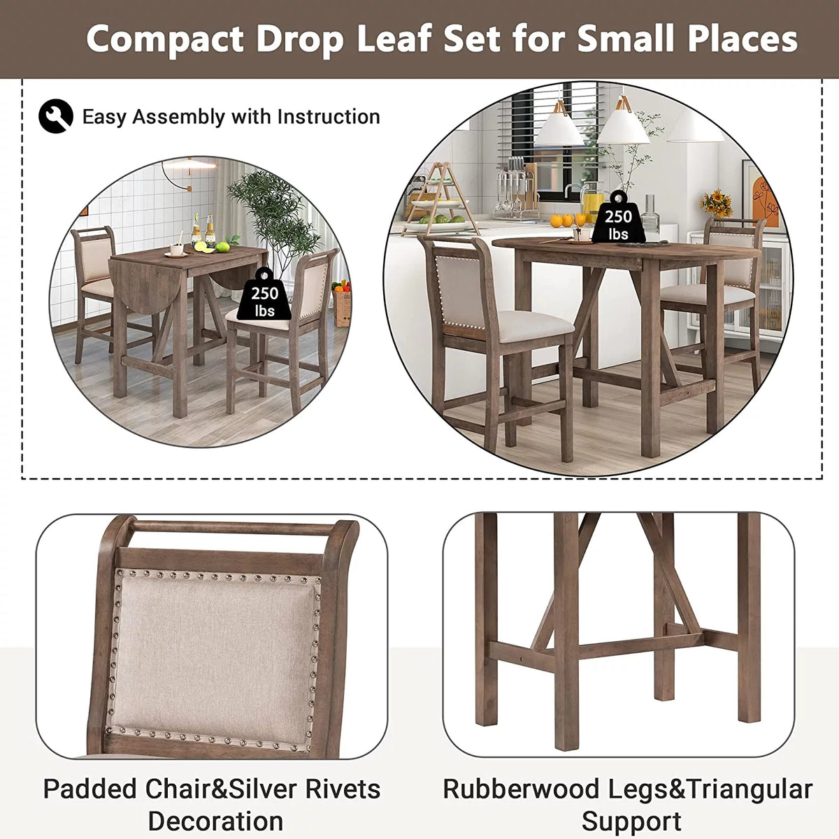 3-Piece Wood Counter Height Dining Table Set with 2 Upholstered Chairs and Drop Leaf P68683