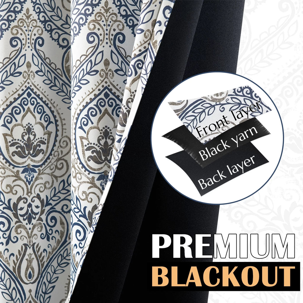 100% Blackout Blue Damask Medallion Curtains 96 in 2 Panels N741