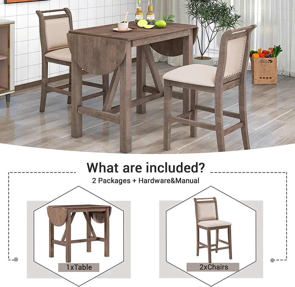 3-Piece Wood Counter Height Dining Table Set with 2 Upholstered Chairs and Drop Leaf P68683