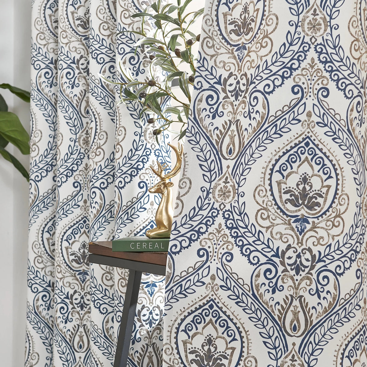 100% Blackout Blue Damask Medallion Curtains 96 in 2 Panels N741
