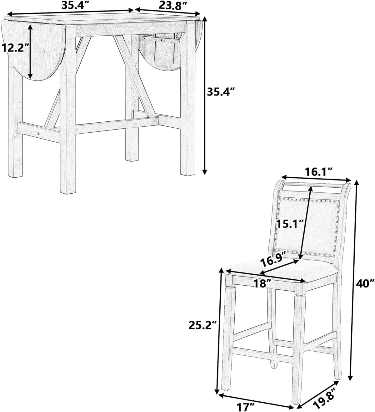 3-Piece Wood Counter Height Dining Table Set with 2 Upholstered Chairs and Drop Leaf P68683