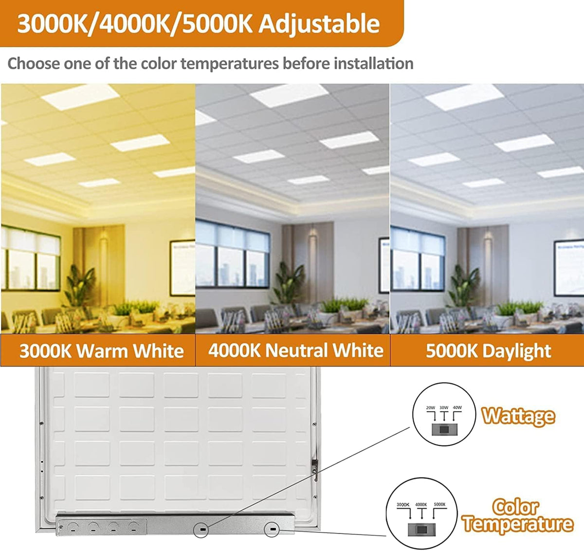 2x2FT LED Flat Panel Light, Selectable CCT, Dimmable, 40W 4000LM, 4Pack N976263