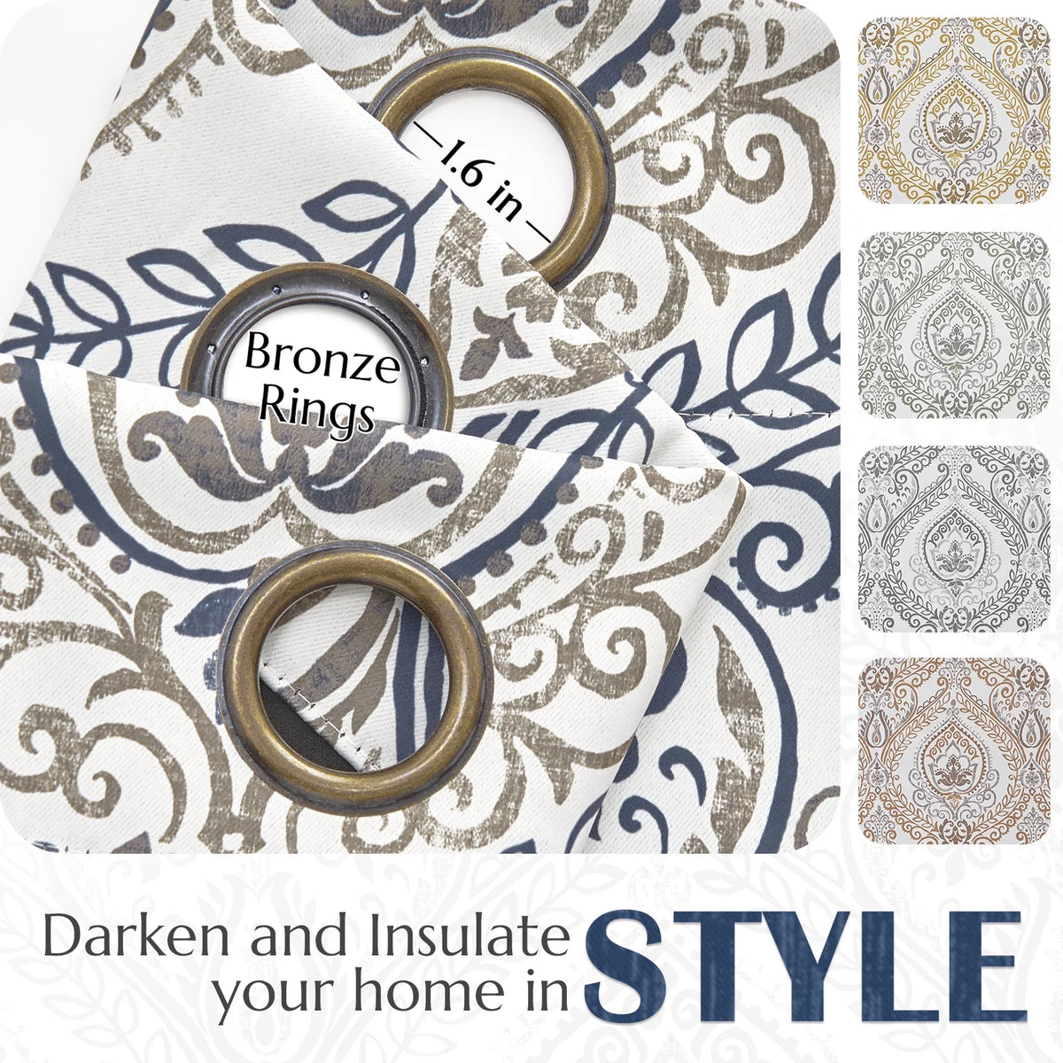 100% Blackout Blue Damask Medallion Curtains 96 in 2 Panels N741