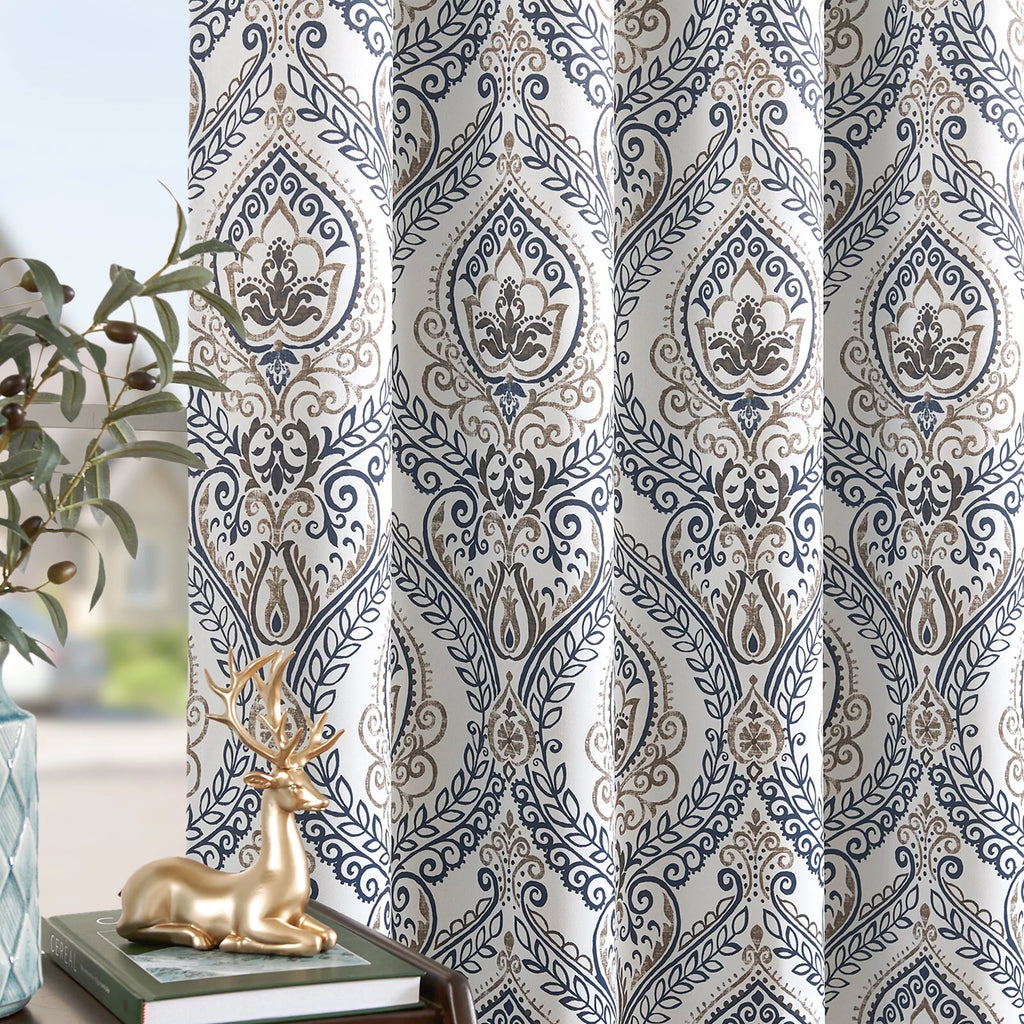 100% Blackout Blue Damask Medallion Curtains 96 in 2 Panels N741