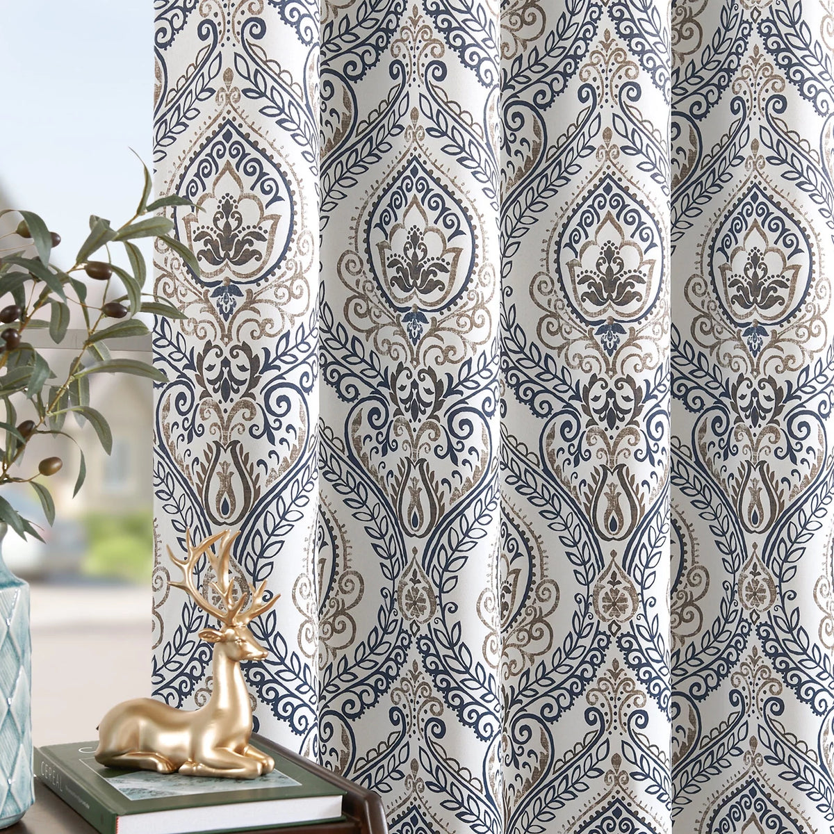 100% Blackout Blue Damask Medallion Curtains 96 in 2 Panels N741