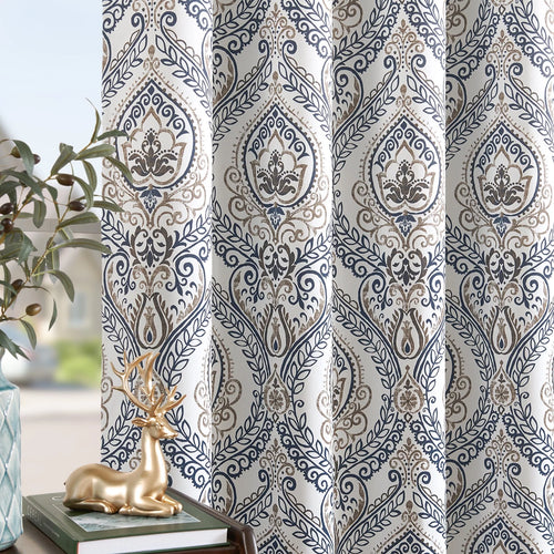 100% Blackout Blue Damask Medallion Curtains 96 in 2 Panels N741