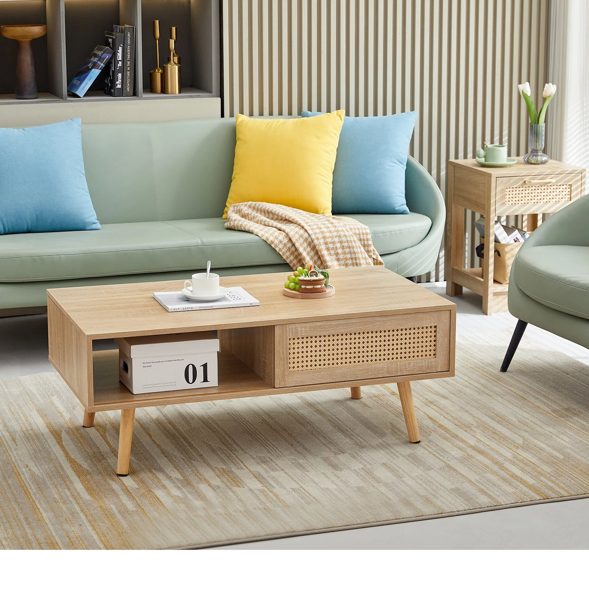41.34" Rattan Coffee Table with Sliding Door Storage R170094