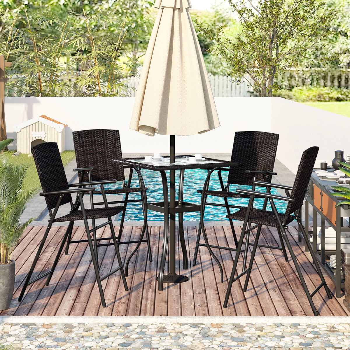 2 Pieces Outdoor Bistro Set with Umbrella Hole, 4 Foldable Chair, Brown K785917