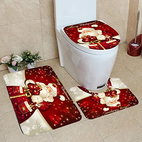 3Pcs Christmas Bathroom Decor Set with Toilet Seat Cover and U Shaped Toilet Rugs R619
